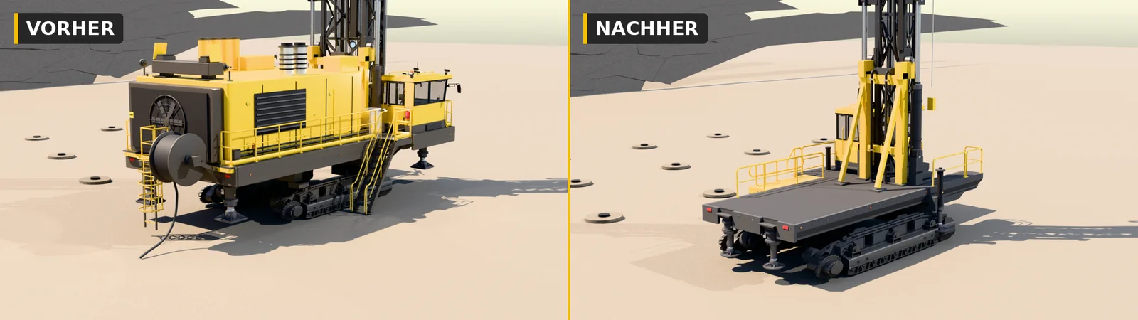 PV-235 E vorher und nachher von hinten rechts: der alte Aufbau mit Heckkühler, Seitentreppe und Kabeltrommel, daneben der Umbau mit neuem Grundriss, das Heck noch im Umbau