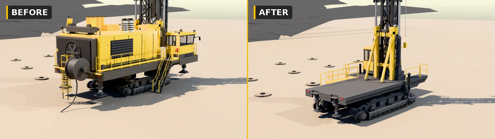 PV-235 E before and after from the rear right: the old layout with rear radiator, side stairs and cable drum, next to the rework with its new footprint, the rear still being rebuilt