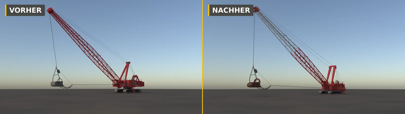 Manitowoc 4600 vorher und nachher: Testbuild 0.1.4.1 mit ganz rotem Ausleger und grauem Löffel, daneben der Umbau auf Werksmaß mit silbernem Ausleger oben, runder Kopfscheibe und rostbraunem Löffel