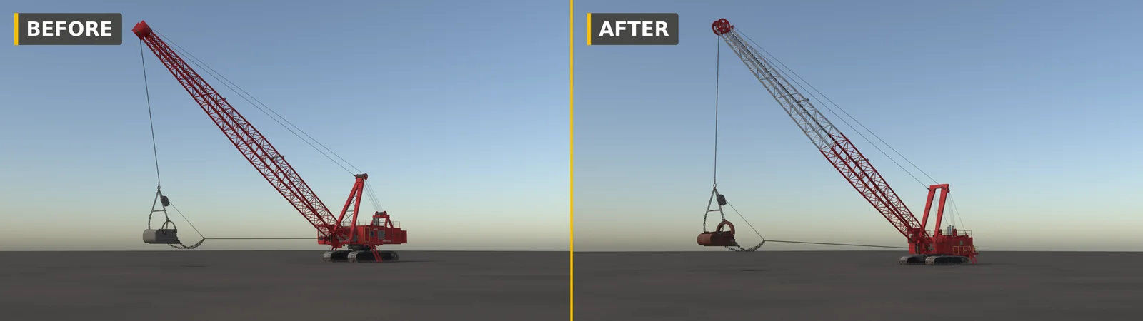 Manitowoc 4600 before and after: test build 0.1.4.1 with a fully red boom and grey bucket, next to the rebuild at factory size with a silver upper boom, round boom-point sheave and rust-brown bucket