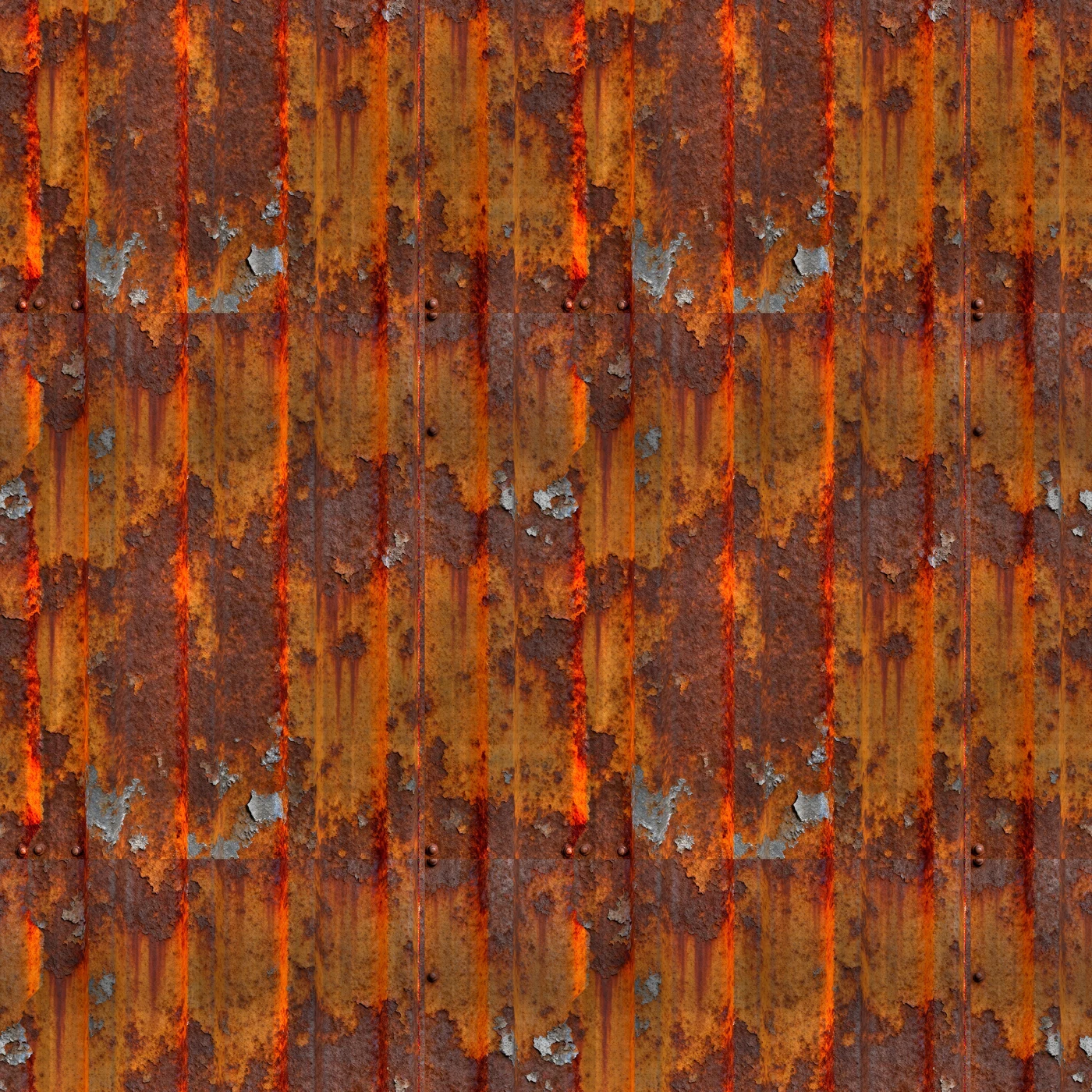 Four tiles of the texture side by side: rusted corrugated iron with rivets and a panel seam, the joins are invisible